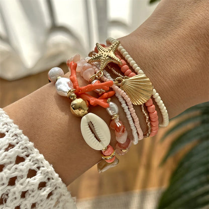 Cute Coral Starfish Shell Multi-Layer Bracelet for Women Ocean Series Fashion Stackable Beaded Jewelry Accessories