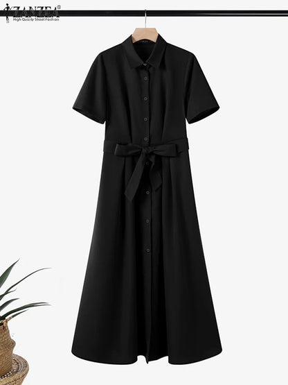 ZANZEA 2025 Summer Stylish Midi Dress Elegant Turn-down Collar Women Short Sleeve Vestidos Casual Streetwear Belted Shirt Dress