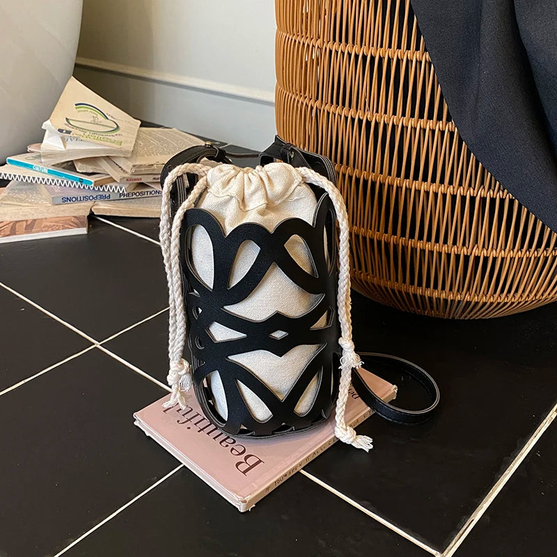 Solid Color PU Versatile Hollow Out Mini Bucket Bag Hot Sale Adjustable Strap Shoulder Bags Casual Drawstring Crossbody Bags