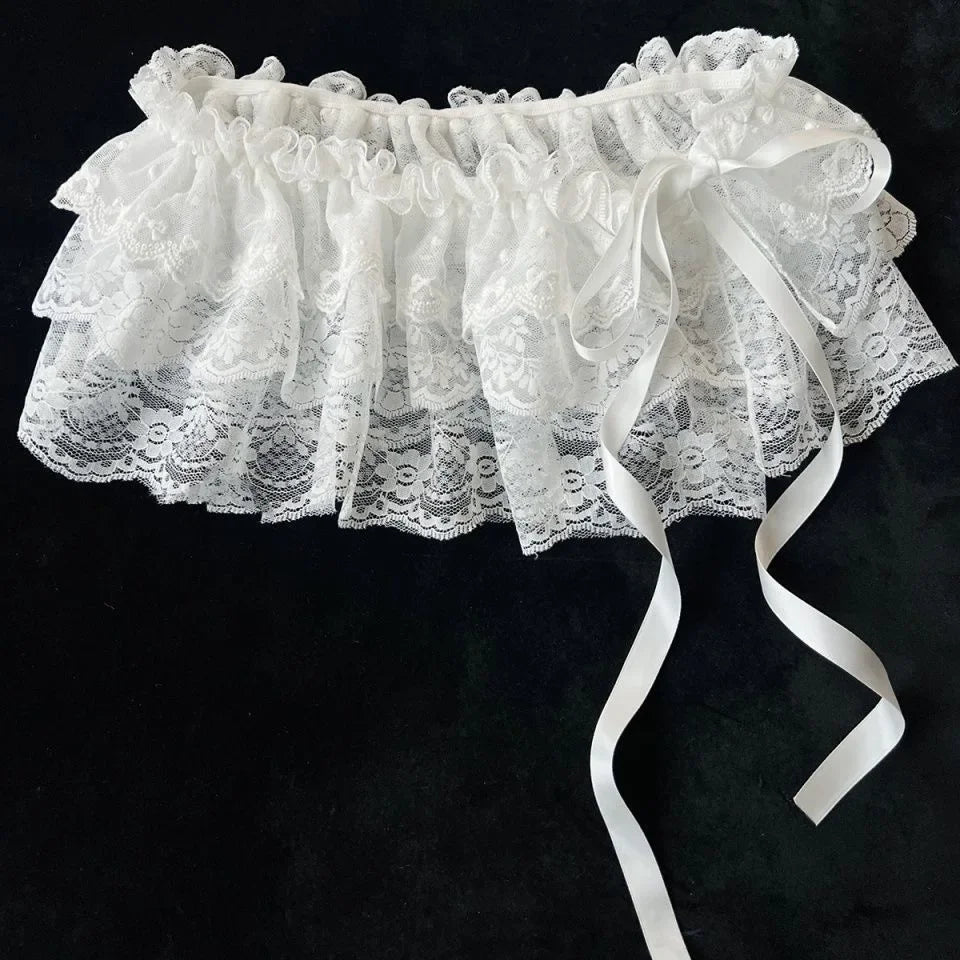 Korean Ins Blogger Unique Lace Layered Gauze Skirts Lace Trim A-Line Short Cloth Mini Waist Skirts Harajuku Girl's White Skirts