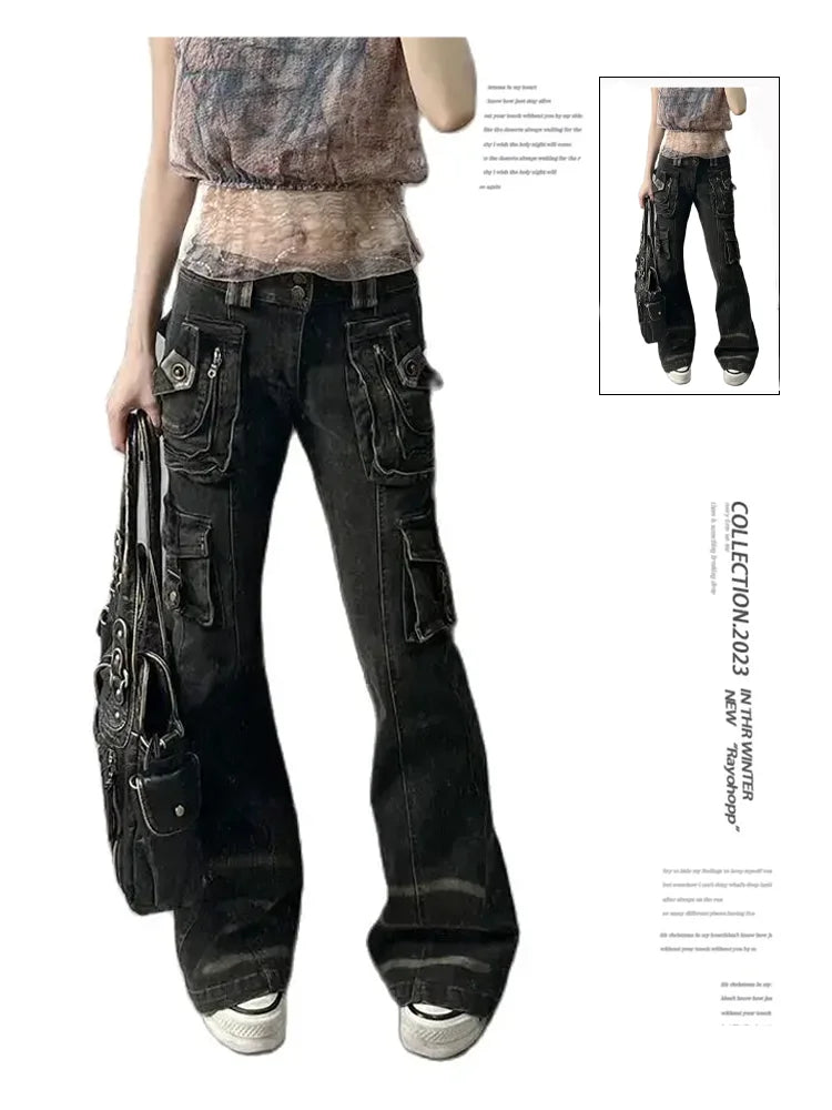 Women's Black Gothic Y2K Jeans Baggy Aesthetic Denim Trousers Harajuku Streetwear Jean Pants Vintage 2000s Trashy Clothes 2024