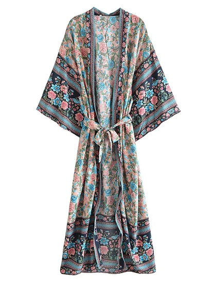 Vintage Chic Women Multi Floral Print Sashes Beach Bohemian Kimono Ladies V Neck Batwing Sleeves Maxi Robe Boho Bikini Cover-ups