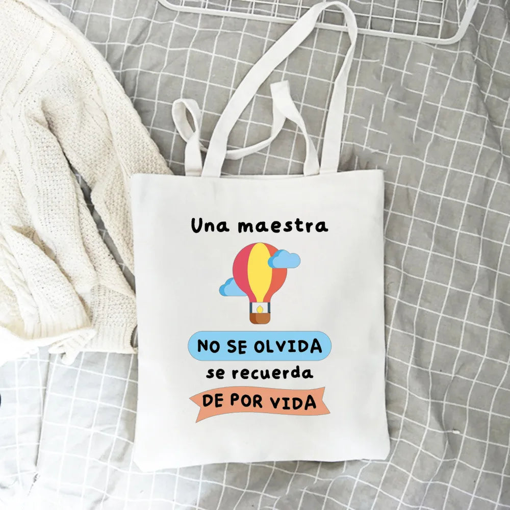 Spanish Printed Women Tote Bag Canvas Shopping Bags Female Travel Shoulder Bag Casual Handbag Graduation Thanks Gift for Teacher