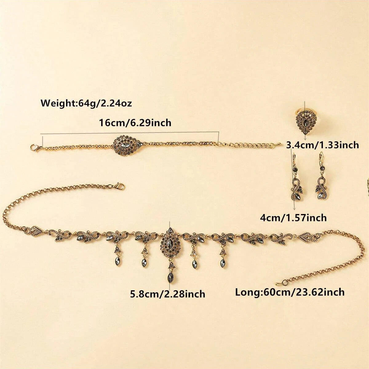 Dark And Muted Color Series Twisted Design Necklace, Earrings, Drop-Shaped Bracelet, Ring Set - Bridal Wedding Accessory Set