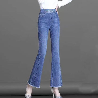 Elastic Waist Flare Nine Points Boot Cut Women Clothing Jeans Autumn High Waist Fashion All-match Elastic Comfortable Pants