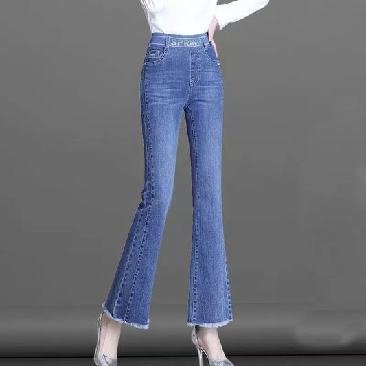 Elastic Waist Flare Nine Points Boot Cut Women Clothing Jeans Autumn High Waist Fashion All-match Elastic Comfortable Pants