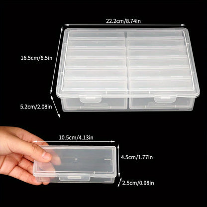 Each set contains 4 to 12 rectangular plastic storage boxes with hinged lids. They are transparent, portable and multifunctional