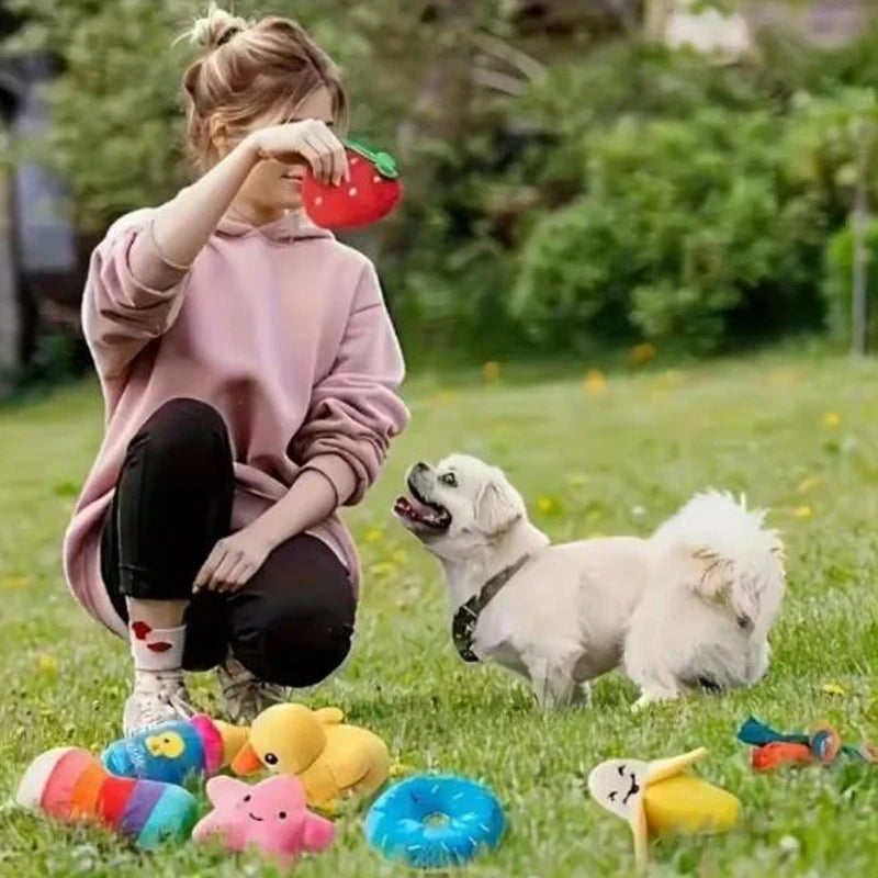 A 7-piece set of puppy sound toys, loose plush pet chewing, plush fruit snacks and vegetable puppy toys, suitable for pet play