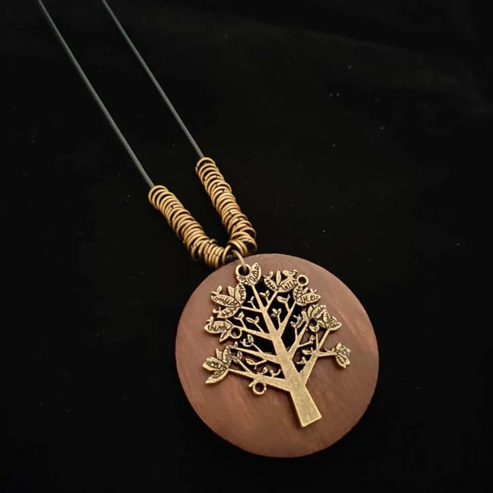Retro Ethnic Round Wooden Leaf Owl Long Sweater Chain Necklace Women Vintage Clock Pendant Female Jewelry Neck Accessories Gifts