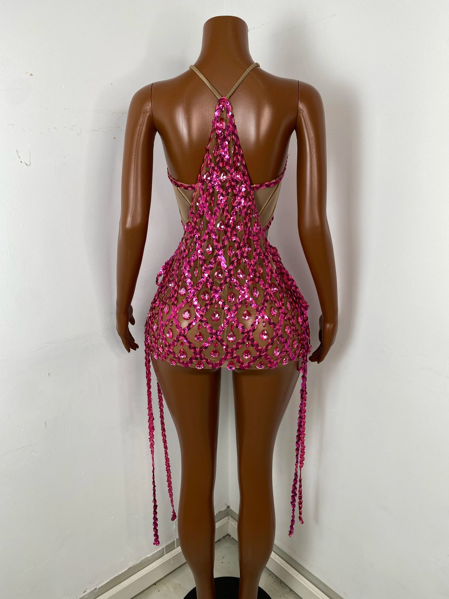 Women Sexy Sleeveless Pink Gold Diamonds Mini Dress Birthday Party Costume Bar Nightclub Stage Performance Clothing