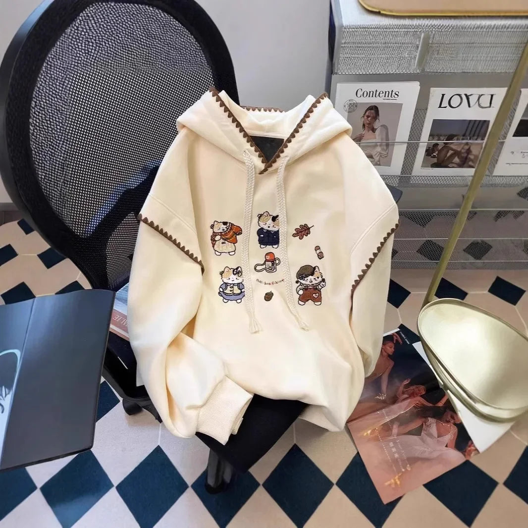 Design Sensation Small Audience Cartoon Cat Embroidery Sweatshirt Women Early Autumn Sweet Milk Cute Small Size Hooded Jacket To