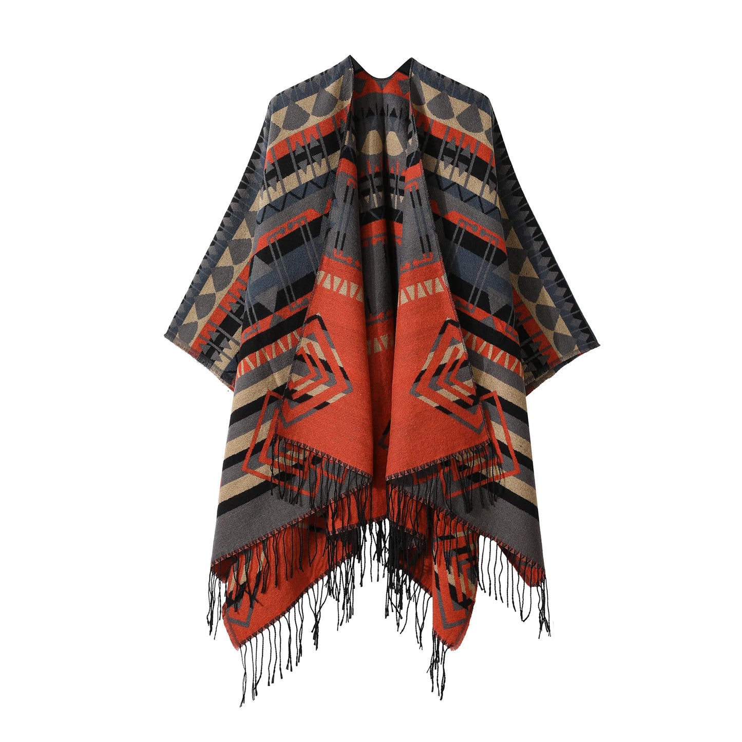 Poncho New Split Warm Shawl Vintage Ethnic Style Scarf Imitation Cashmere Tassel Women Cape Lady Cloak Warm Coat Khaki