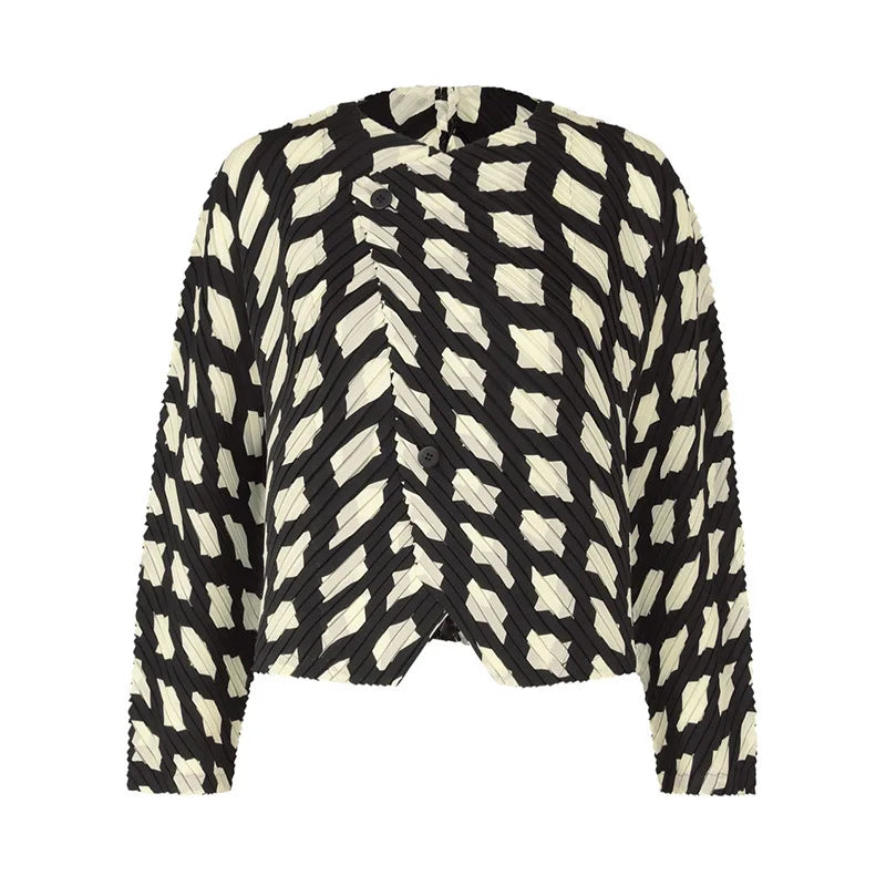 Miyake Pleated Twill Color Blocking Long Sleeved Jacket Women New Fashion Double Button Causal Short Coats