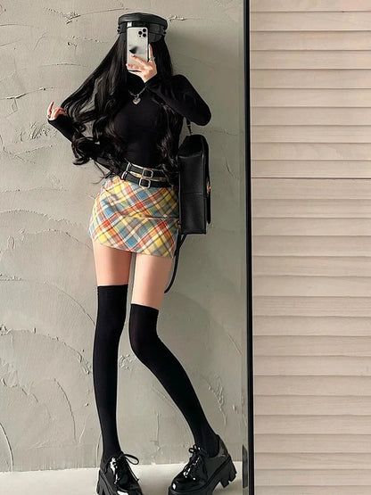 WOMENGAGA Fashion Women Mini Skirts High Waist Slim Double Waistband Plaid Skirt Hip Short Skirt Sweet Spice Girls A8P1