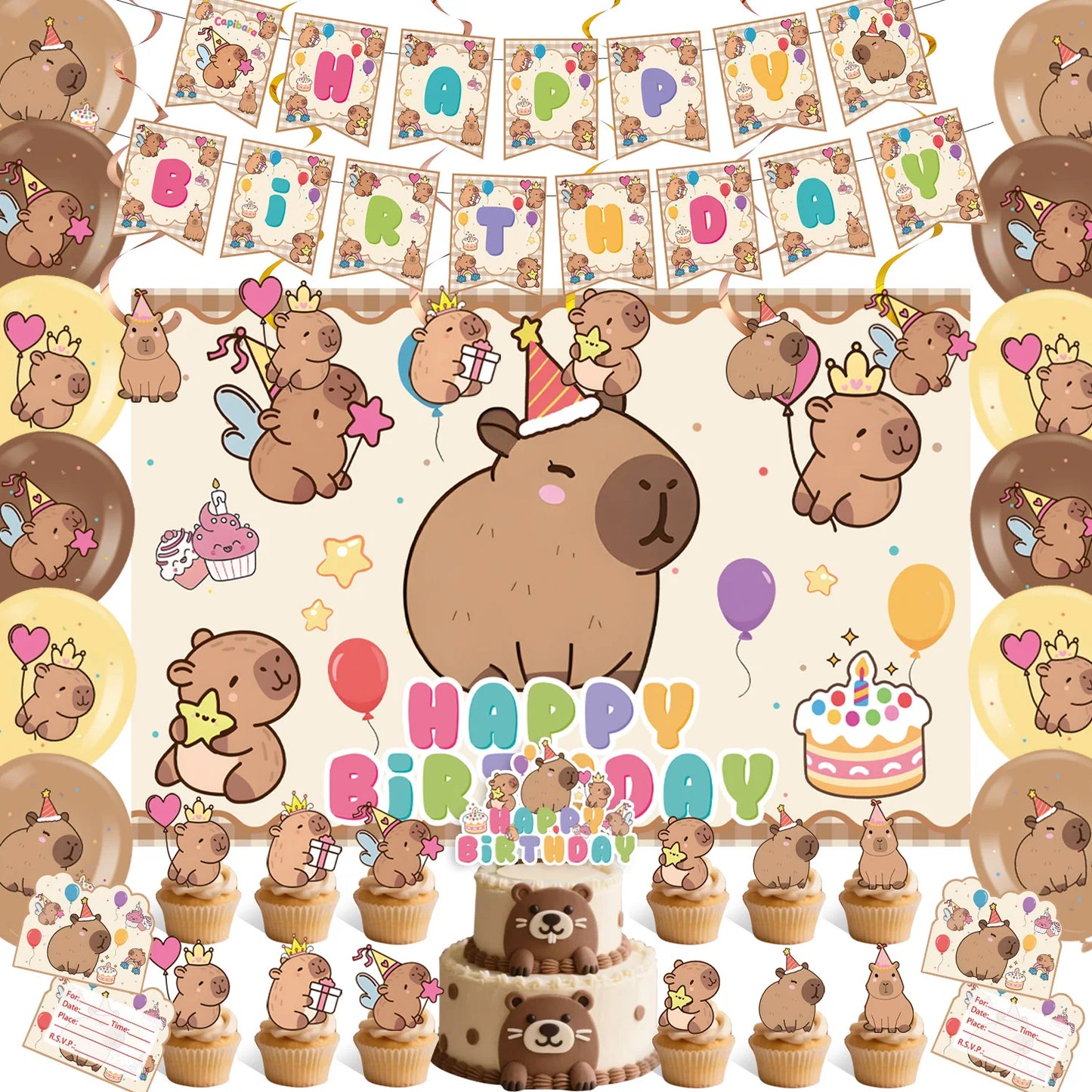 Cute Capybara Birthday Decorations Balloons Backdrop Tablecloth Stickers Cups Plates for Baby Shower Kids Event Party Supplies