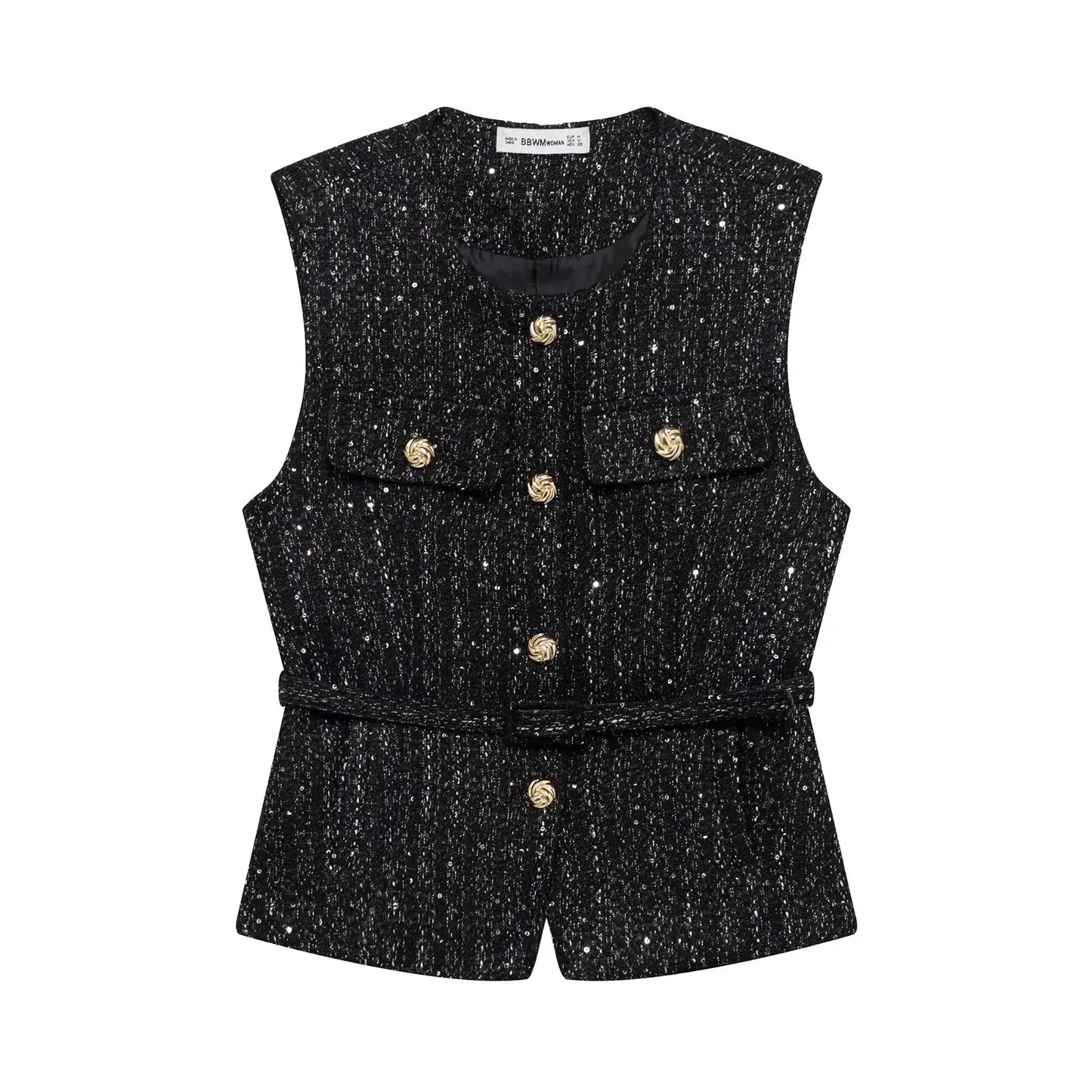 HH 2025 Elegant Women's Texture Belt Waistcoat Summer O-Neck Sleeveless Buttons Vest Jacket Female Slim Commuter Vest Tops