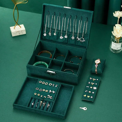 Pink Green 2-Layer Flannel Jewelry Organizer Box Necklaces Earrings Rings Display Holder Case for Women Large Capacity With Lock