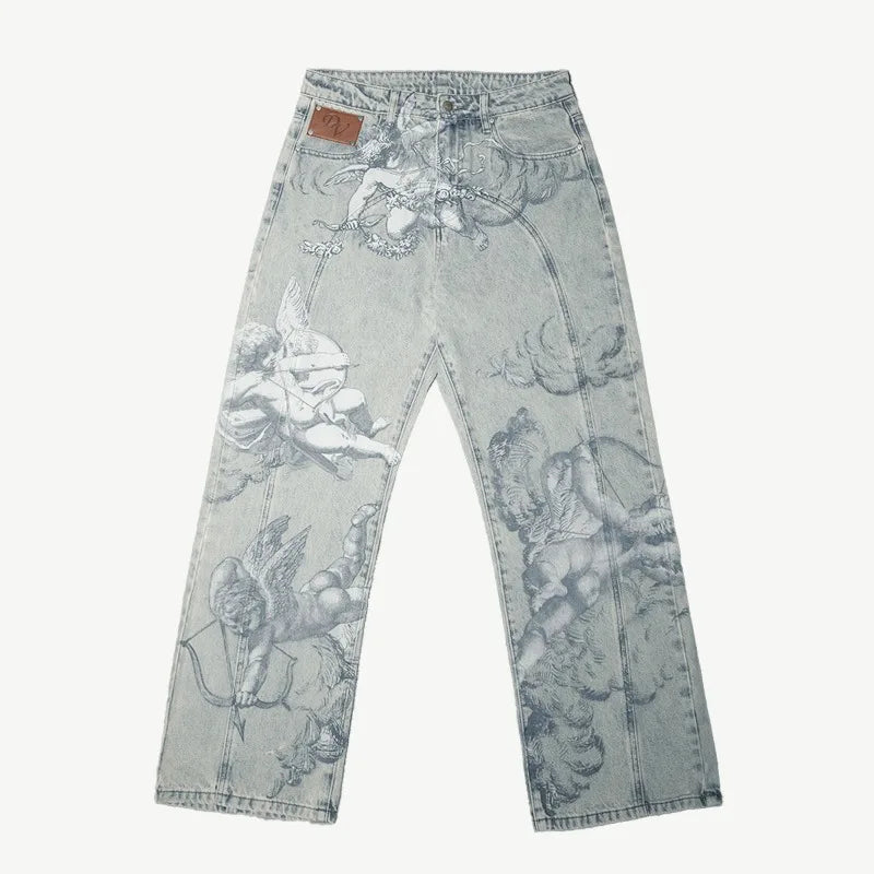 New retro cupid angel pattern women loose pants y2k hip hop streetwear fashion unisex straight jeans for men and women