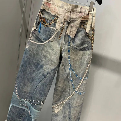 DEAT Fashionable Niche 3D Printed Lace Pearl Chain Denim Pants For Women High Waist Straight Leg Jeans Female Trendy 11A05476