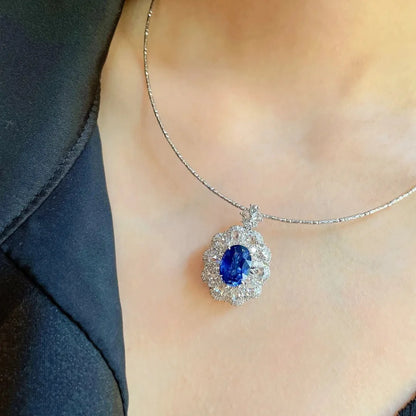New In silver 925 Full Diamond Luxury Sapphire Ring Necklace Exquisite Engagement Sparkling Blue Flower fine jewelry sets