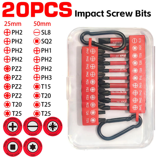 10/20 Pieces Mixed Length and Double Size Impact Screwdriver Bit Set 25Mm+50Mm, Complete with Multiple Types of Bits, Magnetic, Anti-Twist, Shock-Absorbing, High Grip, Non-Slip, Power Tool Accessories