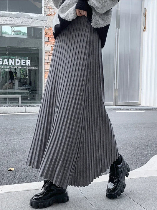 Autumn Winter Women's Long Skirt High Waist Knitted A-line Pleated Skirt Ladies Elegant Solid Gray Loose Casual Skirts for Women