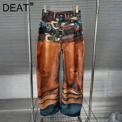 DEAT Fashion Women's 3D Printing Retro Color Painting Jeans High Waist Contrast Color Denim Pants Female Trendy New 11A03696