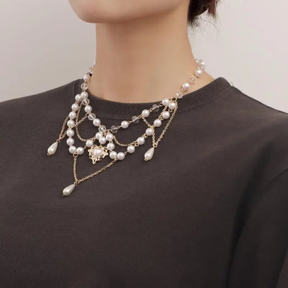 31BB Tassel Necklace Elegant Layered Necklace Pearl Beaded Necklace Clavicle Chain