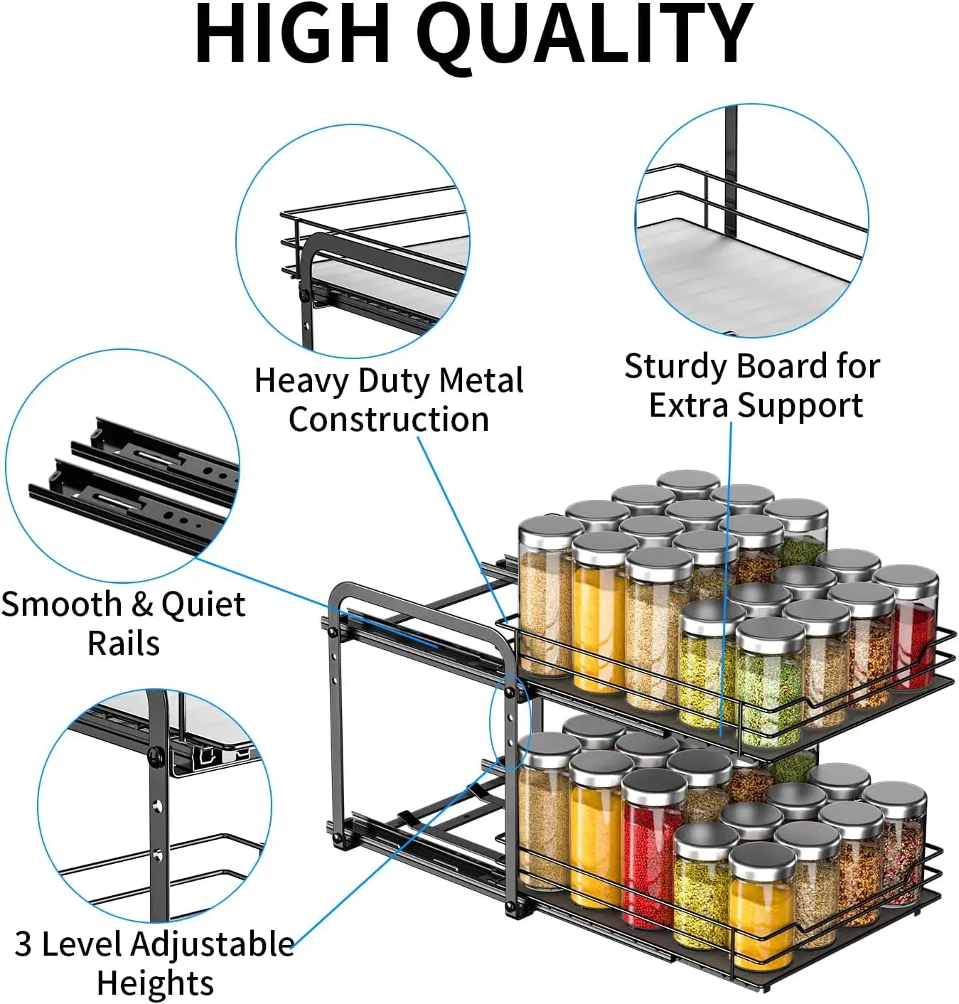 Floor Guard Spice Rack Organizer for Cabinet Black 2 Tier Pull Out Spice Racks for Height Adjustable Kitchen Storage Rack