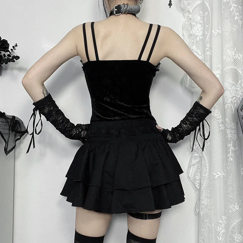 Gothic Black Lace Cross Mini Skirt Y2k Grunge Punk High Waist Pleated A-Line Skirts Vintage Women Girl Aesthetic Alt Clothes