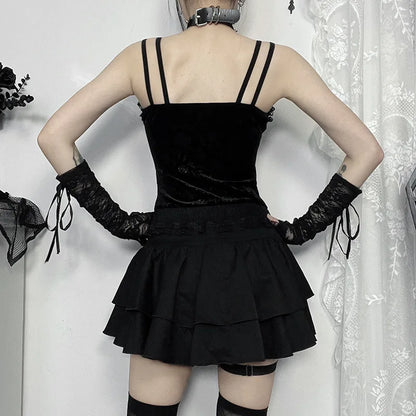 Gothic Black Lace Cross Mini Skirt Y2k Grunge Punk High Waist Pleated A-Line Skirts Vintage Women Girl Aesthetic Alt Clothes