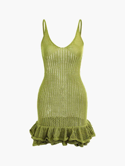 Open Knit Ruffle Hem Cami Mini Dress Crochet Knit Dresses Sleeveless Cover Up Dress Summer Party Female Soild Crochet Dress