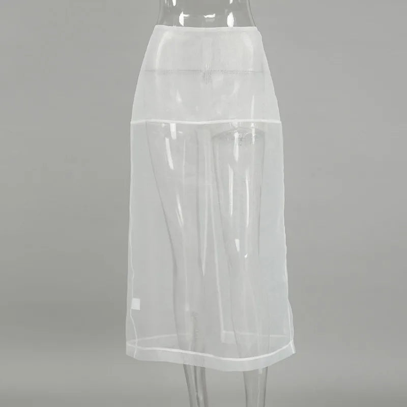 Talenza White Mesh High Waist Skirt Women's Sexy See-through Loose Straight Slit Skirt Elegant Solid Retro Patchwork Party Skirt