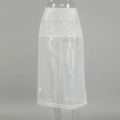 Talenza White Mesh High Waist Skirt Women's Sexy See-through Loose Straight Slit Skirt Elegant Solid Retro Patchwork Party Skirt