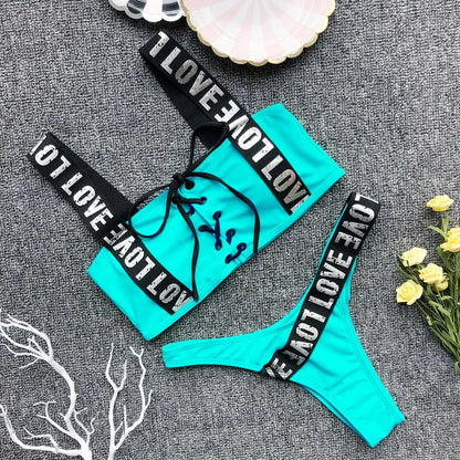 Sexy Red Bikini Set 2025 New Women Letter lace up Bandage Low Waist Swimwear Padded Push Up Swimsuit Beach Bathing Suit Swimming