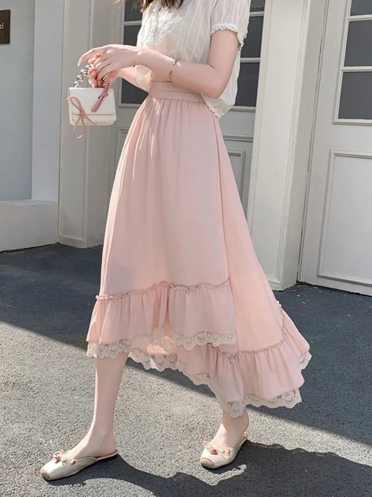Zoki Korean Pink Long Skirt Women Sweet Vintage High Waist Preppy Style Skirt Casual Loose Lace Patchwork Irregular Long Skirts