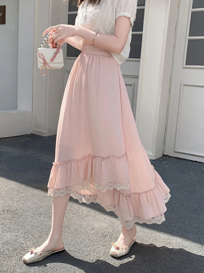 Zoki Korean Pink Long Skirt Women Sweet Vintage High Waist Preppy Style Skirt Casual Loose Lace Patchwork Irregular Long Skirts