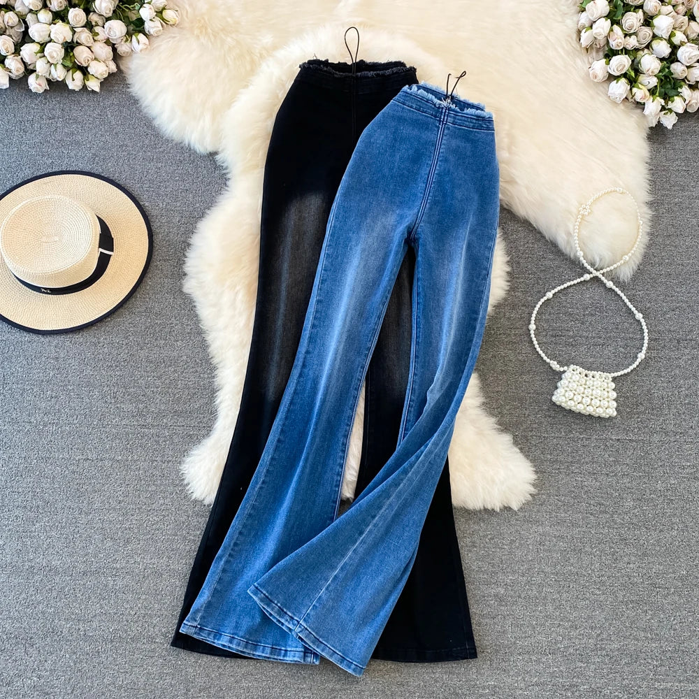 Fashion Women's Jeans 2025 Autumn New High Waist Slimming Tight-breasted Raw Edge Stretch Flared Trousers Korean Women Clothing