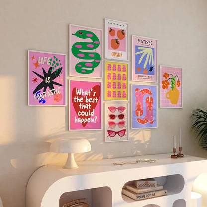 Trendy Maximalist Poster Set Prints Hot Pink Room Decor Dopamine Wall Art Pictures Danish Abstract YK2 Dorm Kitchen Decor Murals