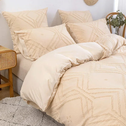 3PCS/set Khaki Tufted Duvet Cover Set Line Comforter Cover Geometric Bed Set Lightweight Down Bedding Set for All Season