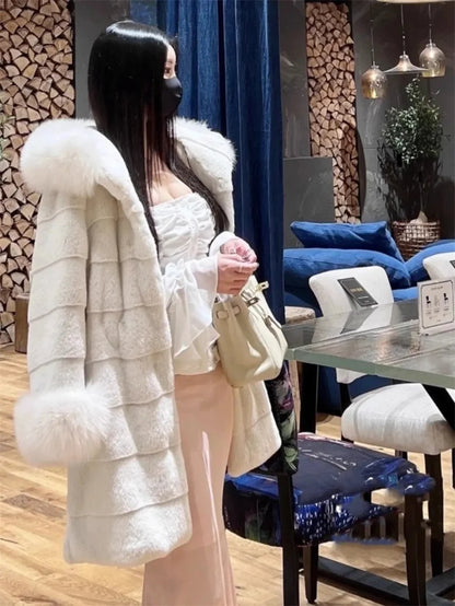 Winter New Environmentally Friendly Rabbit fur fur Coat Women Imitation fox fur Collar Hooded mid Length Fur Plush Mink fur Coat