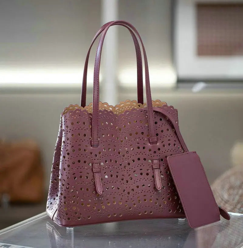Brand Designer Luxury High Quality Mini Cowhide Shoulder Handbags 2025 Hollow Fashion Large Capacity Genuine Leather Bucket Bag