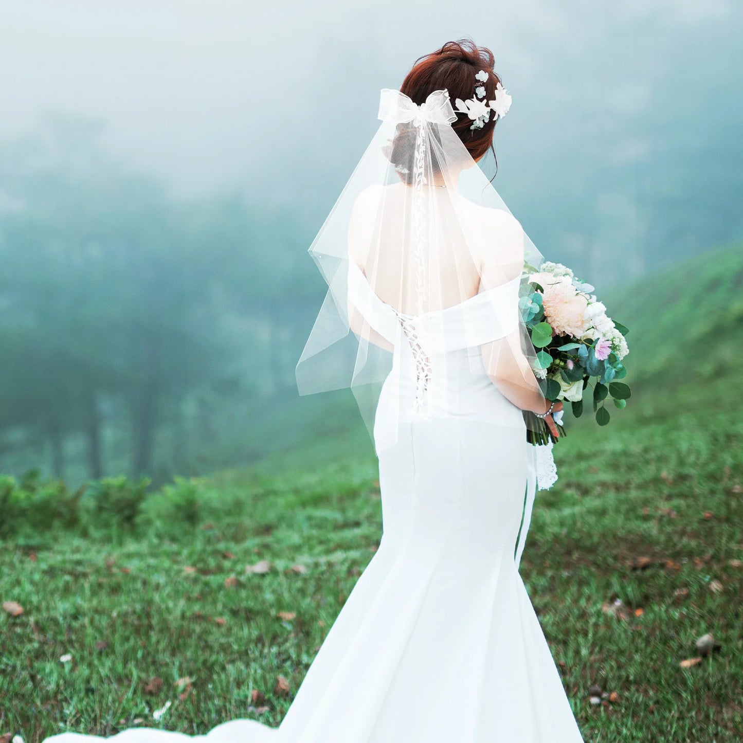 Bridal Flower Crown Headband Veil Artificial Floral Wedding Accessory Short Veil For Bride Bridesmaid Women Wedding Party Prom