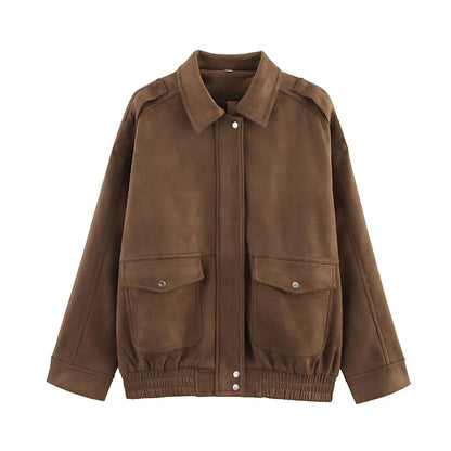 Chic Suede Bomber Jackets Women Loose Lapel Zipper Long Sleeve Pockets Female Coats 2025 Autumn Lady Commute Outwear New