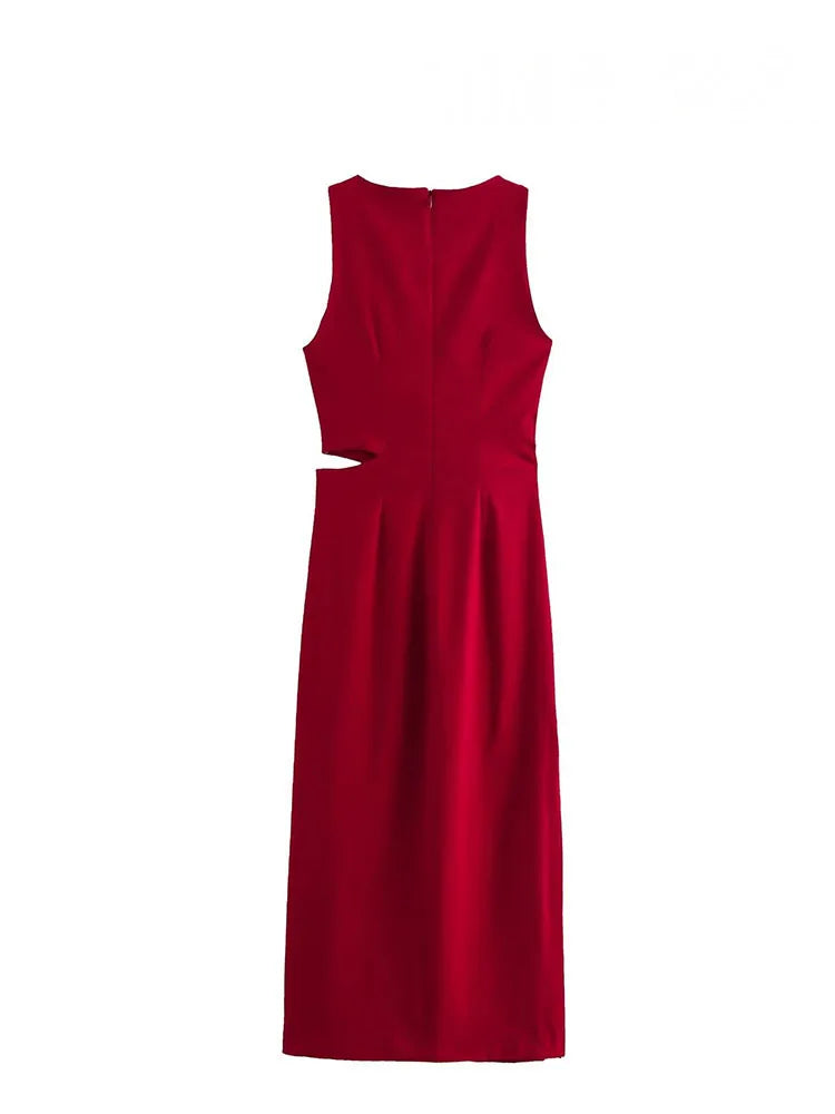 HH Women Summer Crop Waist Opening Folds Design Midi Dress Female Fashion O-Neck Back Zipper Sleeveless 3 Color Slim Dresses