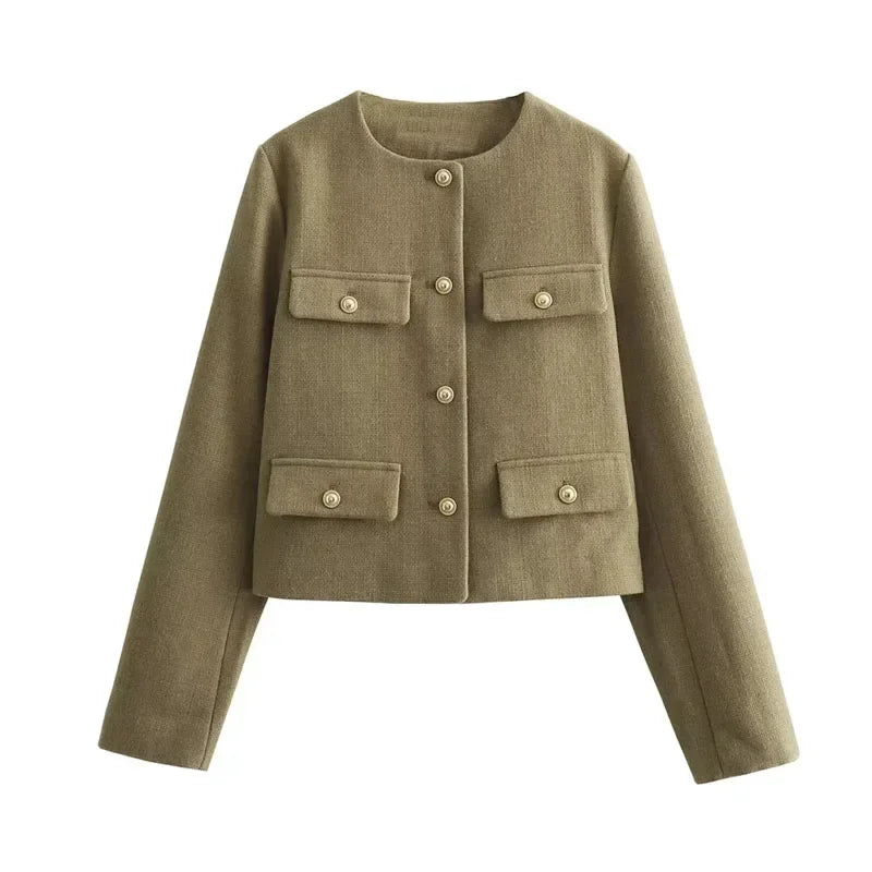 Women Elegant Cropped Jacket 2025 Women's Fashion Jacket O-Neck Long Sleeved Flip Pocket Coat Female Casual Outwear Tops