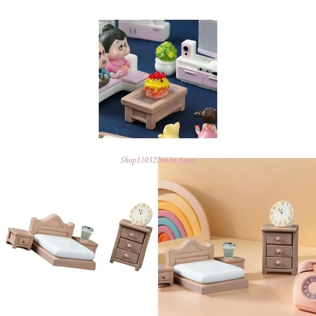 R6FD Dollhouses Living Room Furniture Sofa Set with Coffee Cup and Table Display Props
