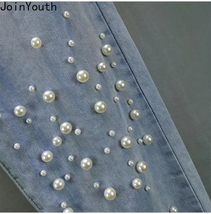 Korean Jeans Woman Streetwear Fashion Denim Harem Pants 2025 New Bottoms Elastic Waist Beading Casual Vintage Y2k Pantalon Femme