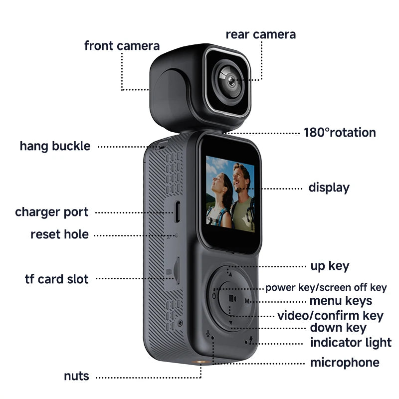 Handheld Dual Camera Action Camera with 1.5 Inch IPS Screen Supports Simultaneous Recording with WiFi And Mobile App Connection