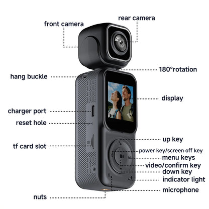 Handheld Dual Camera Action Camera with 1.5 Inch IPS Screen Supports Simultaneous Recording with WiFi And Mobile App Connection